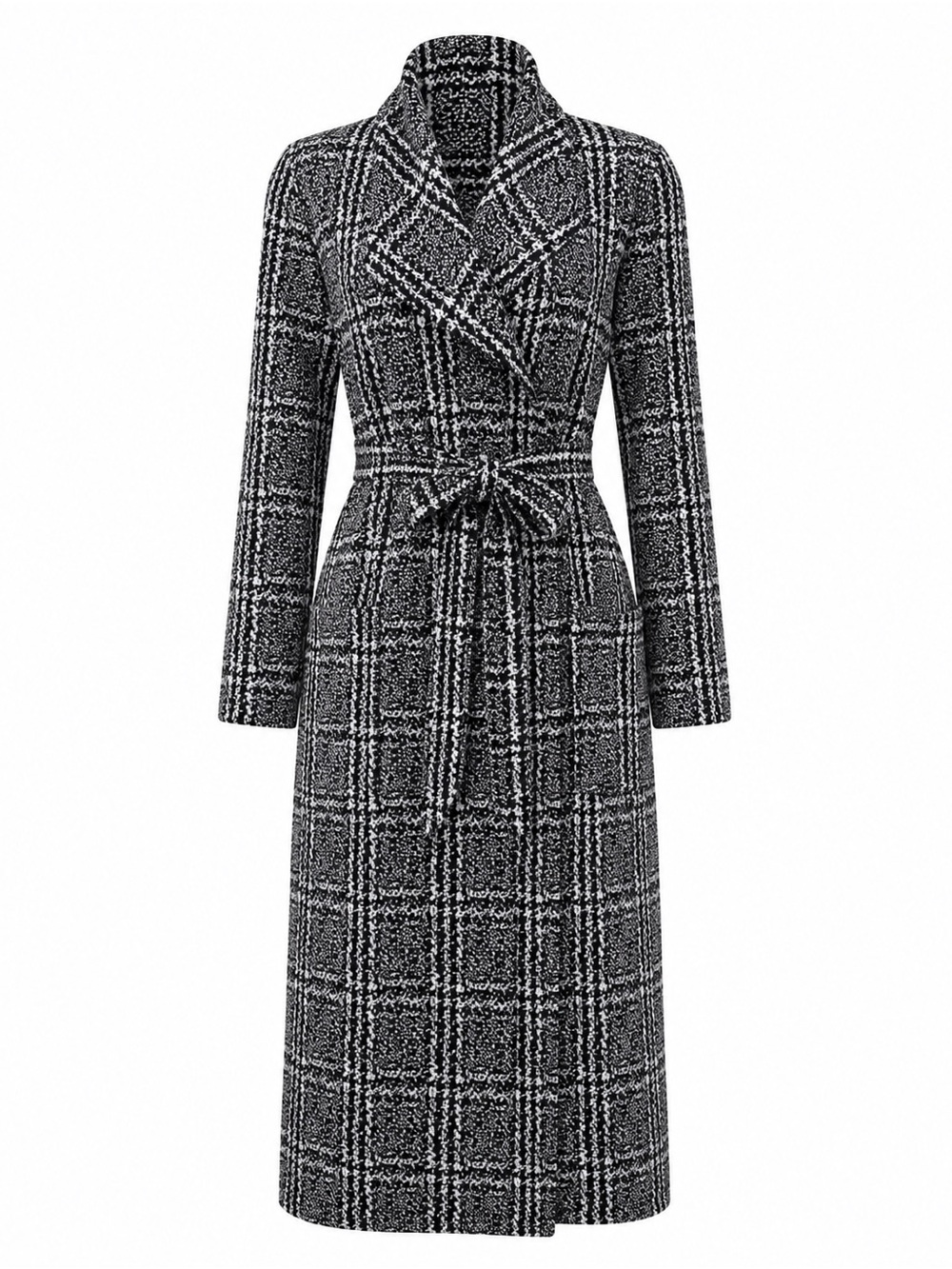 Shinestar Black & White Plaid Long Sleeve Belted Dress